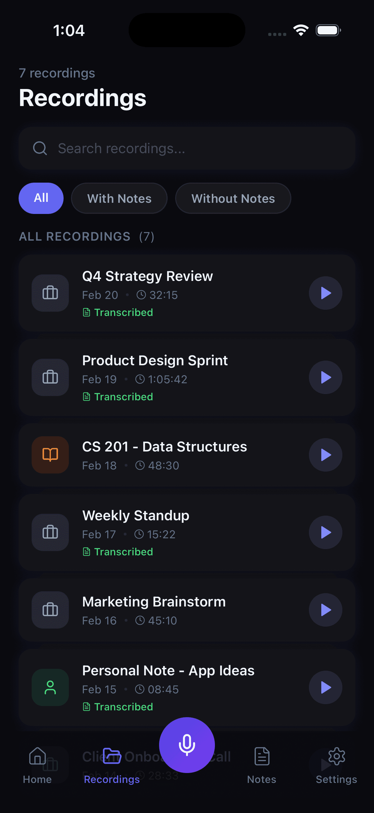 Recordings — AI Voice Notes
