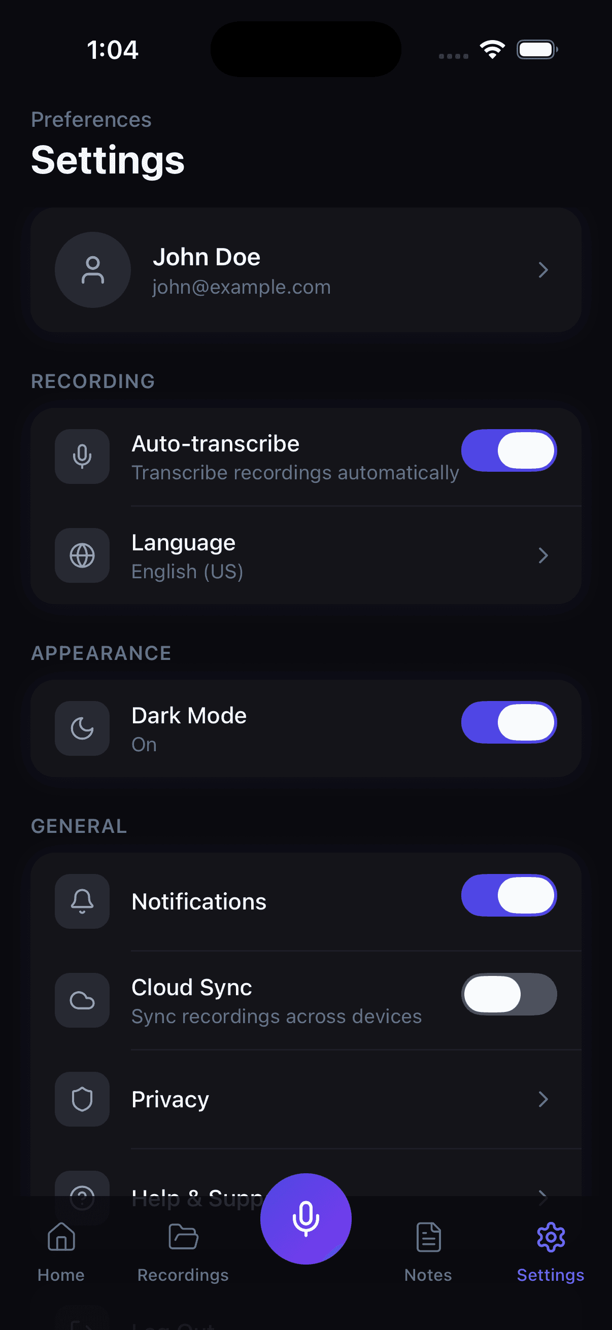 Settings — AI Voice Notes