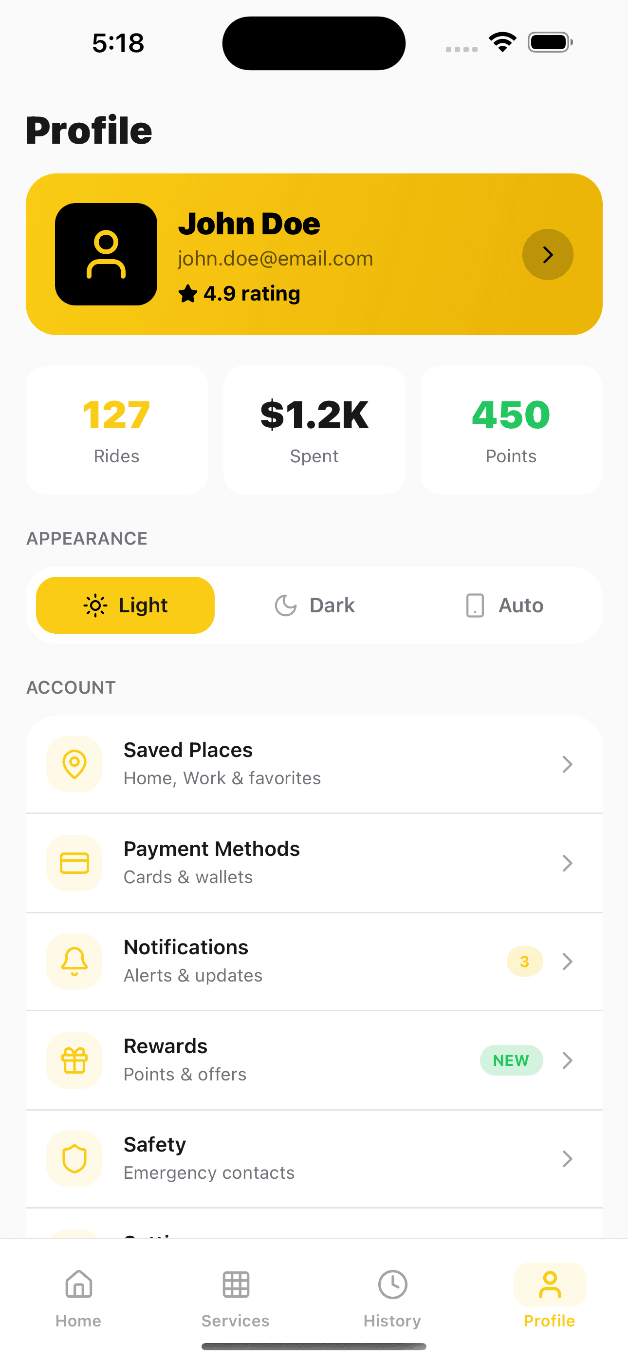 Settings — Taxi Booking App