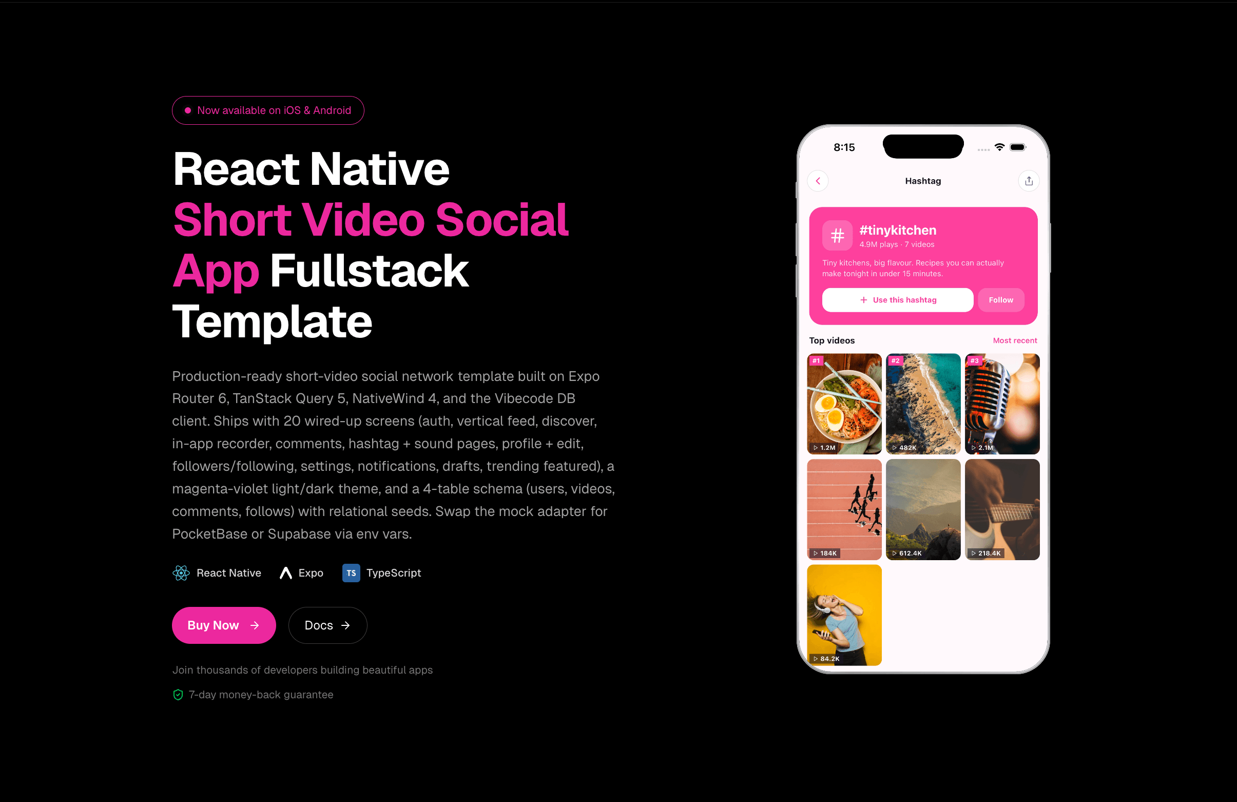 Short Video Social App - React Native app template preview