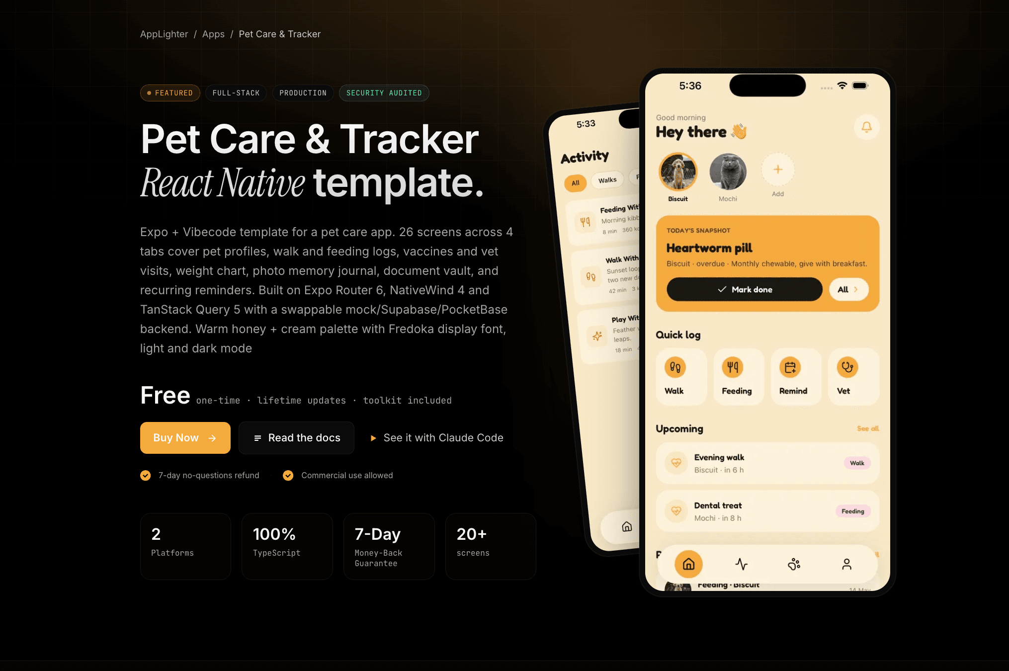 Pet Care & Tracker — React Native app template preview