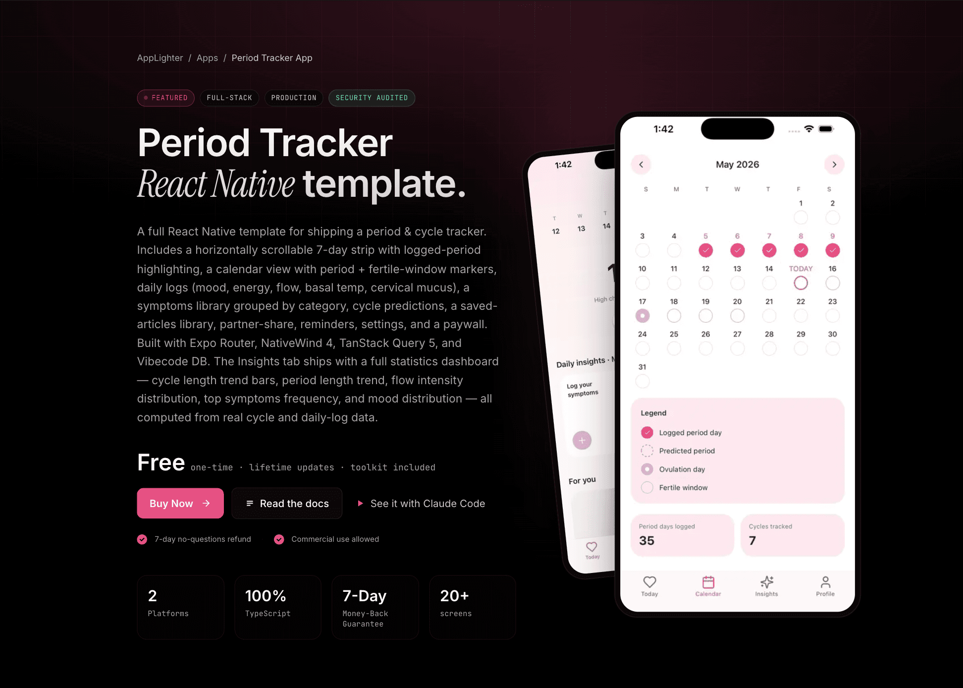Period Tracker App — React Native app template preview