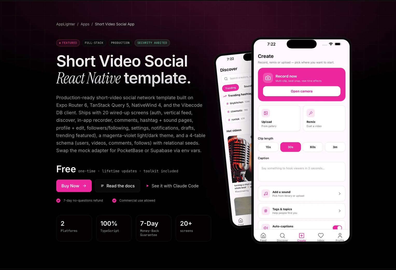 Short Video Social App — React Native app template preview
