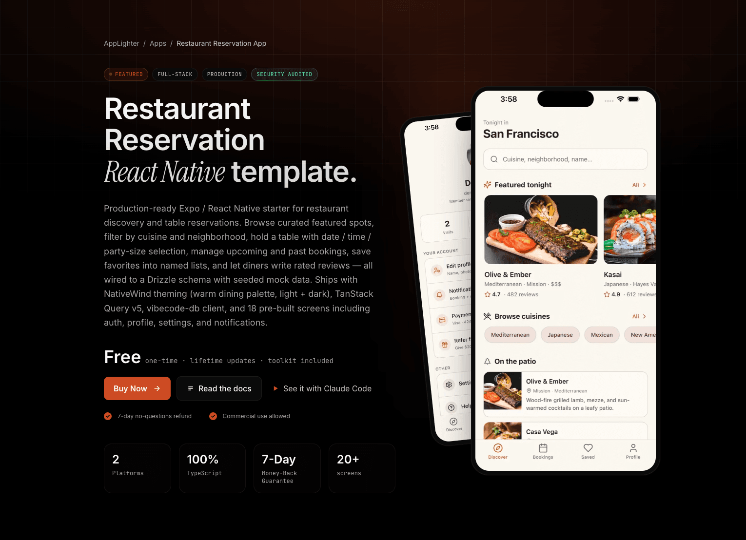 Restaurant Reservation App — React Native app template preview