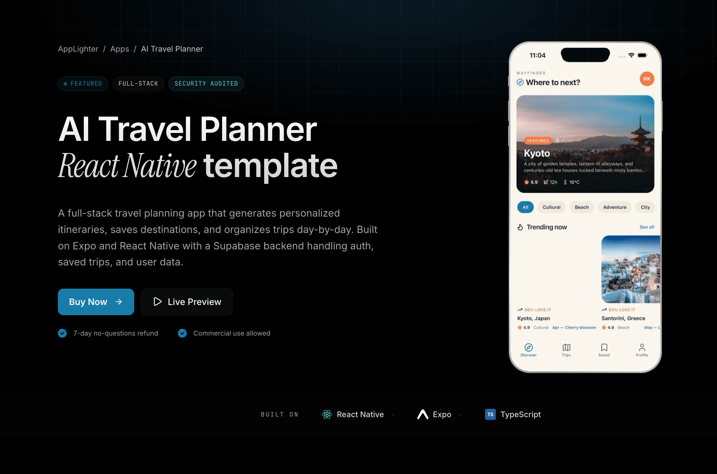 AI Travel Planner - React Native app template preview