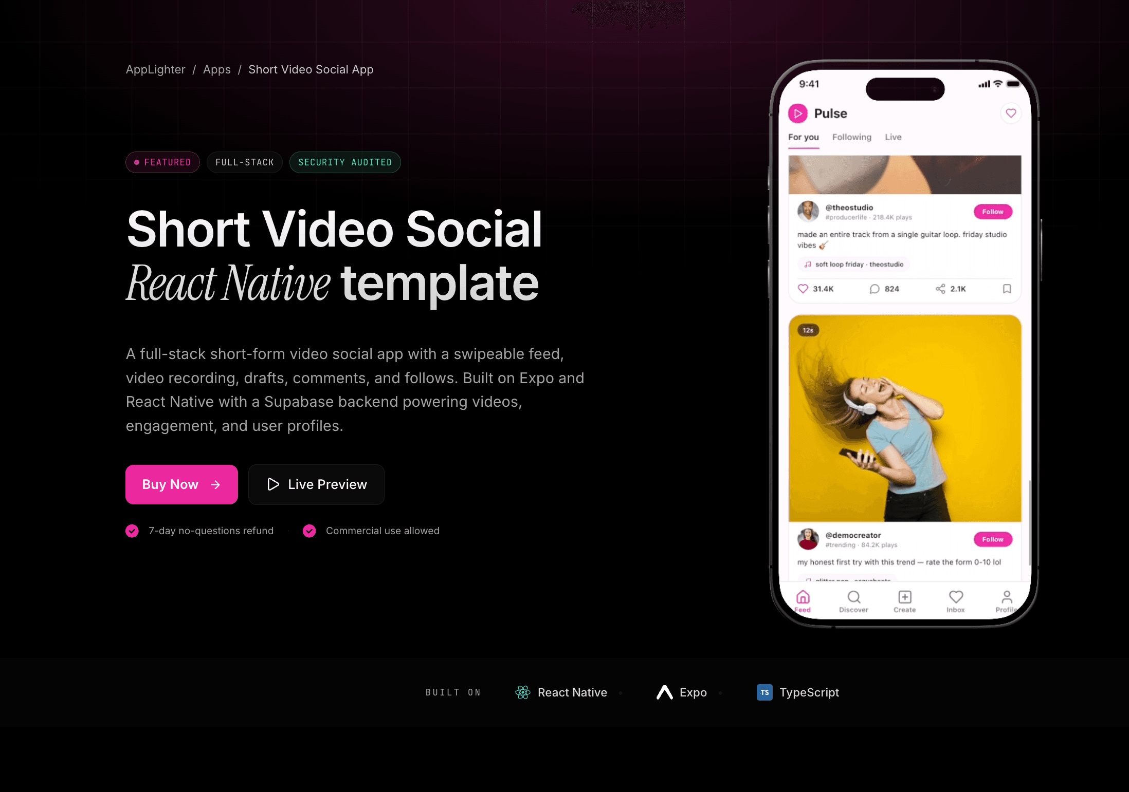 Short Video Social App - React Native app template preview