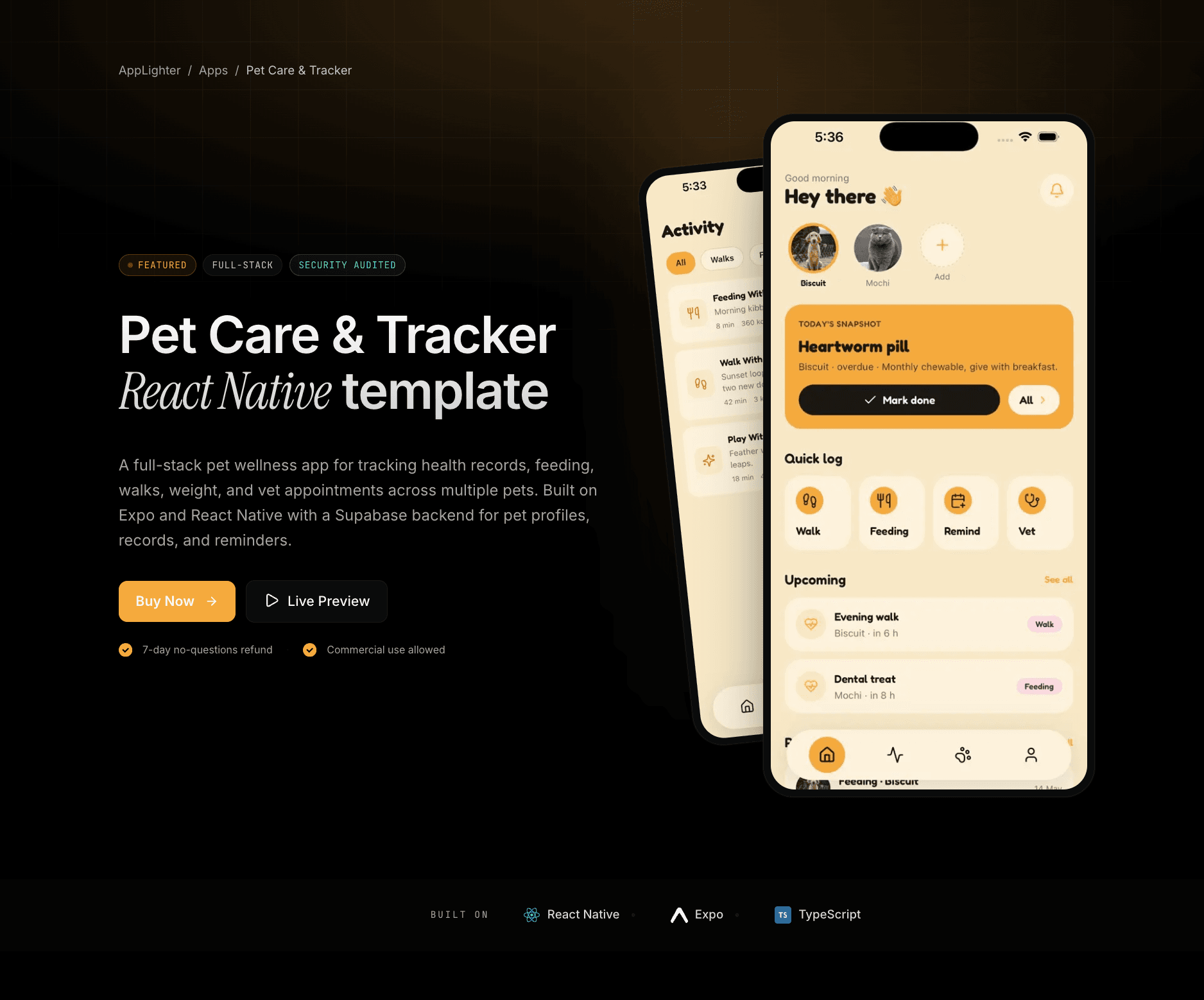 Pet Care & Tracker - React Native app template preview