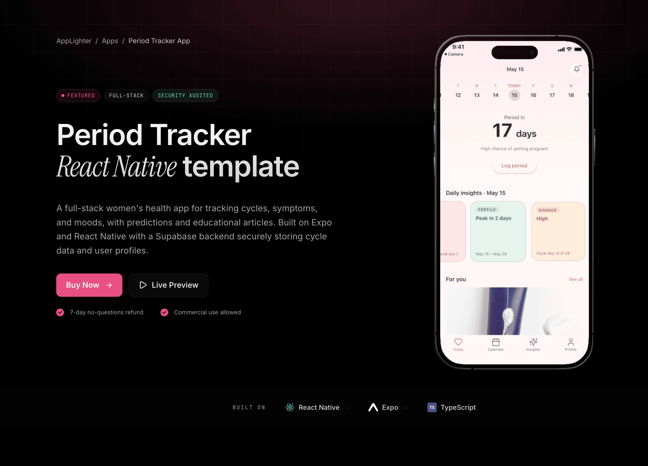 Period Tracker App - React Native app template preview