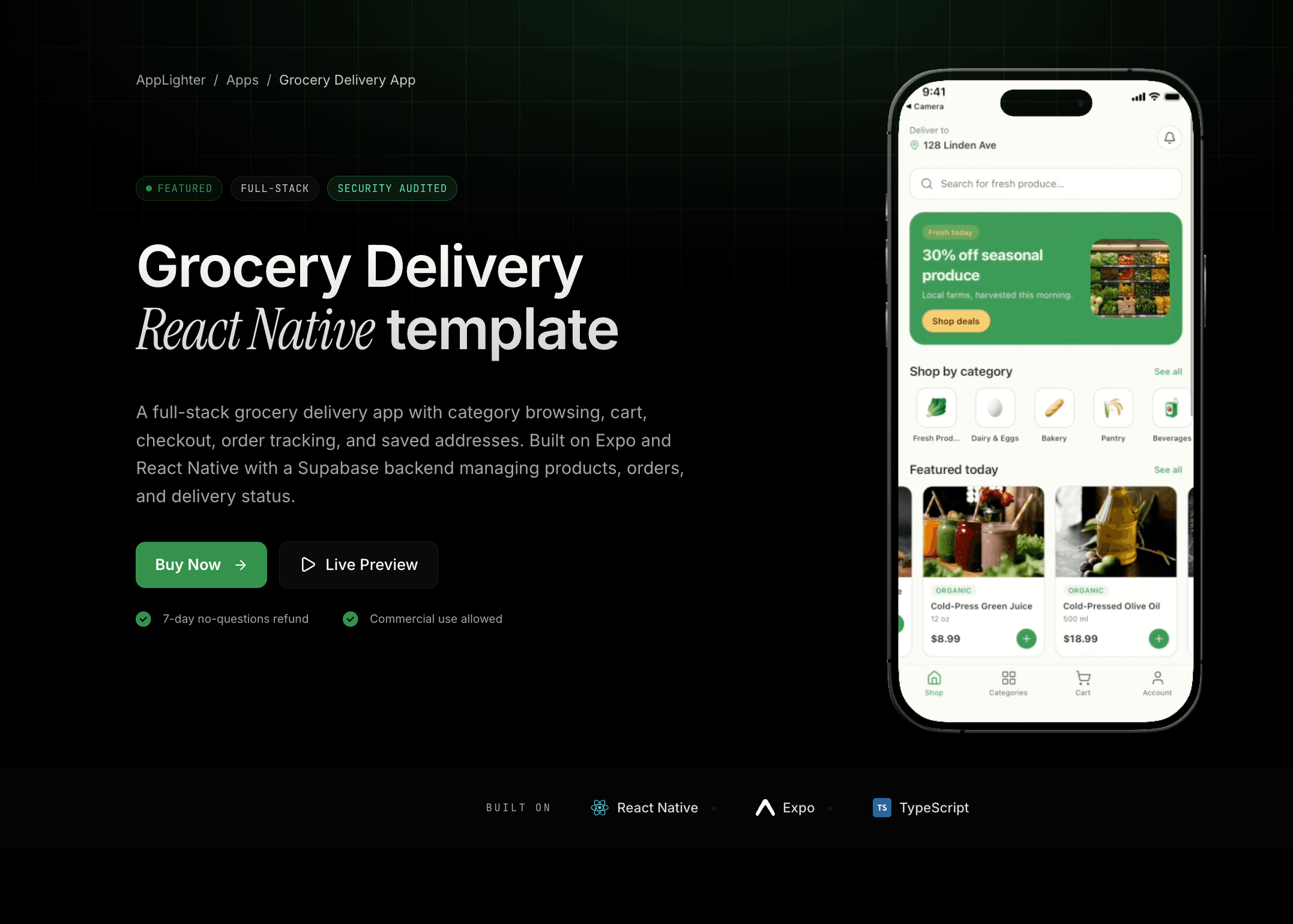 Grocery Delivery App - React Native app template preview