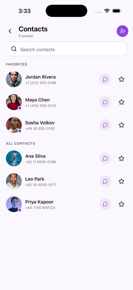 Contacts List — Chat & Messaging App