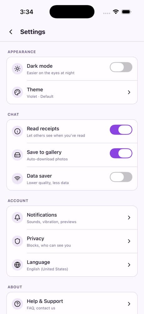 Settings — Chat & Messaging App