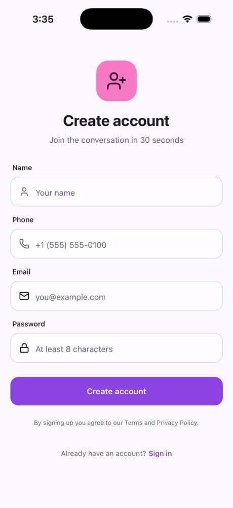 Create Account — Chat & Messaging App