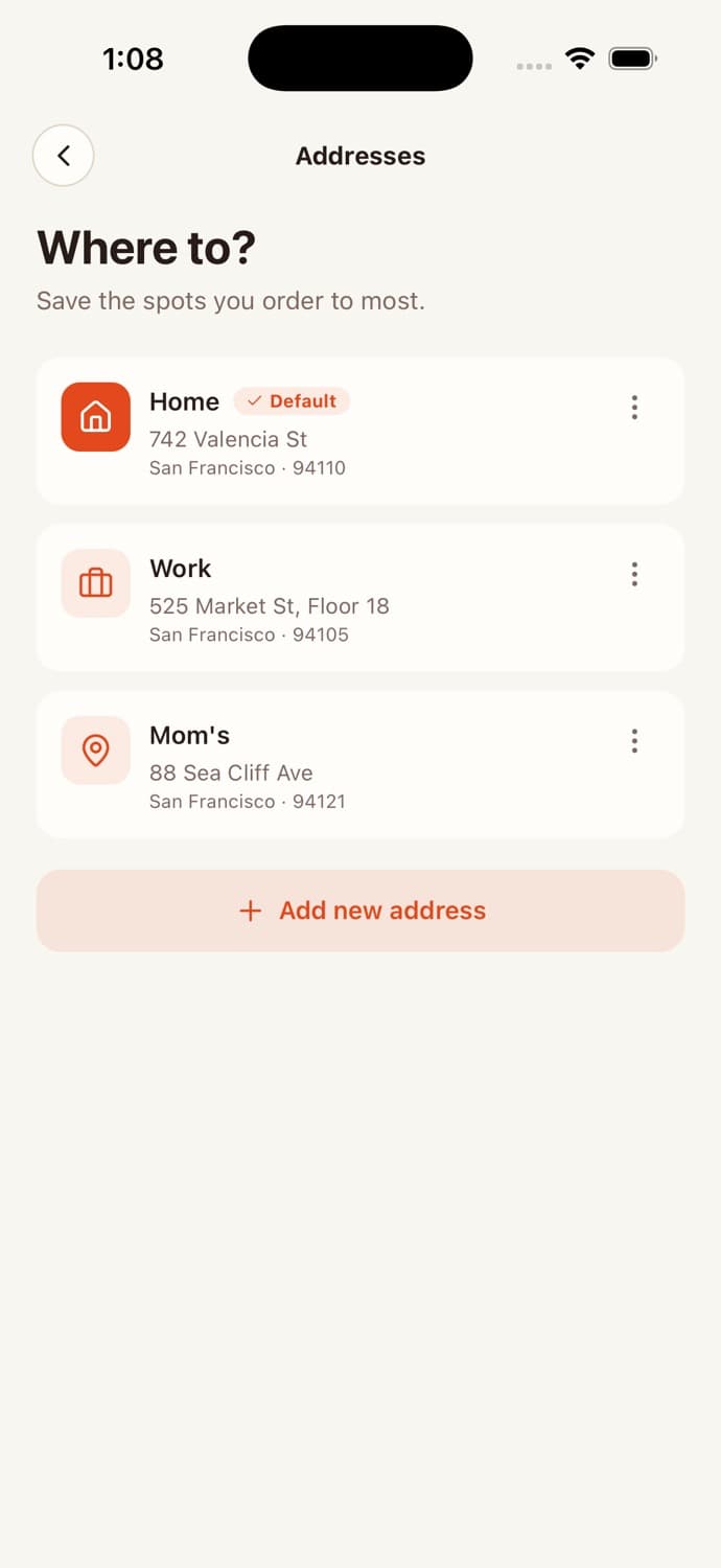Address List — Food Delivery App