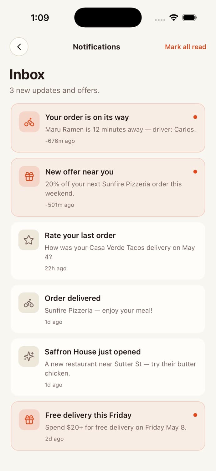 Notifications Inbox — Food Delivery App