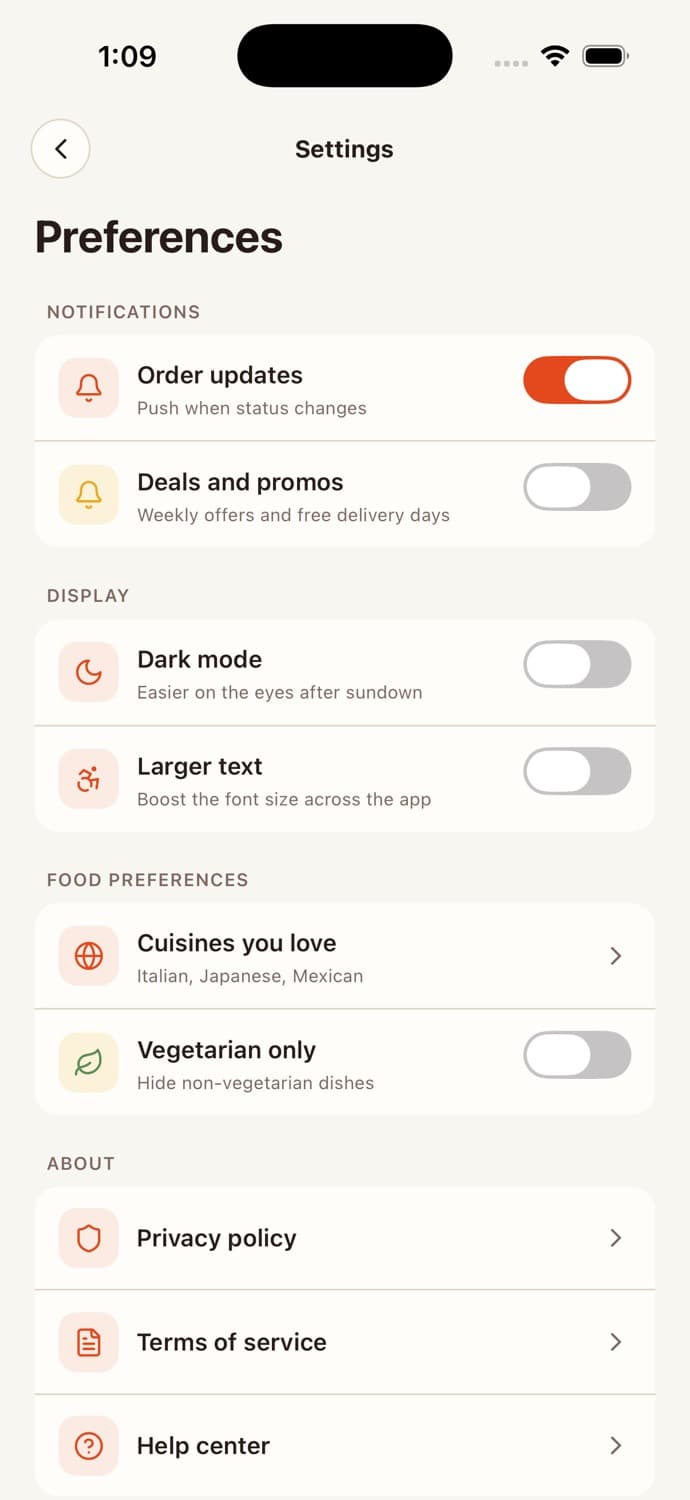 Preferences — Food Delivery App