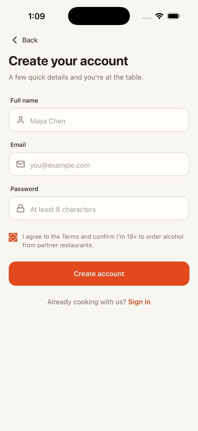 Create Account — Food Delivery App