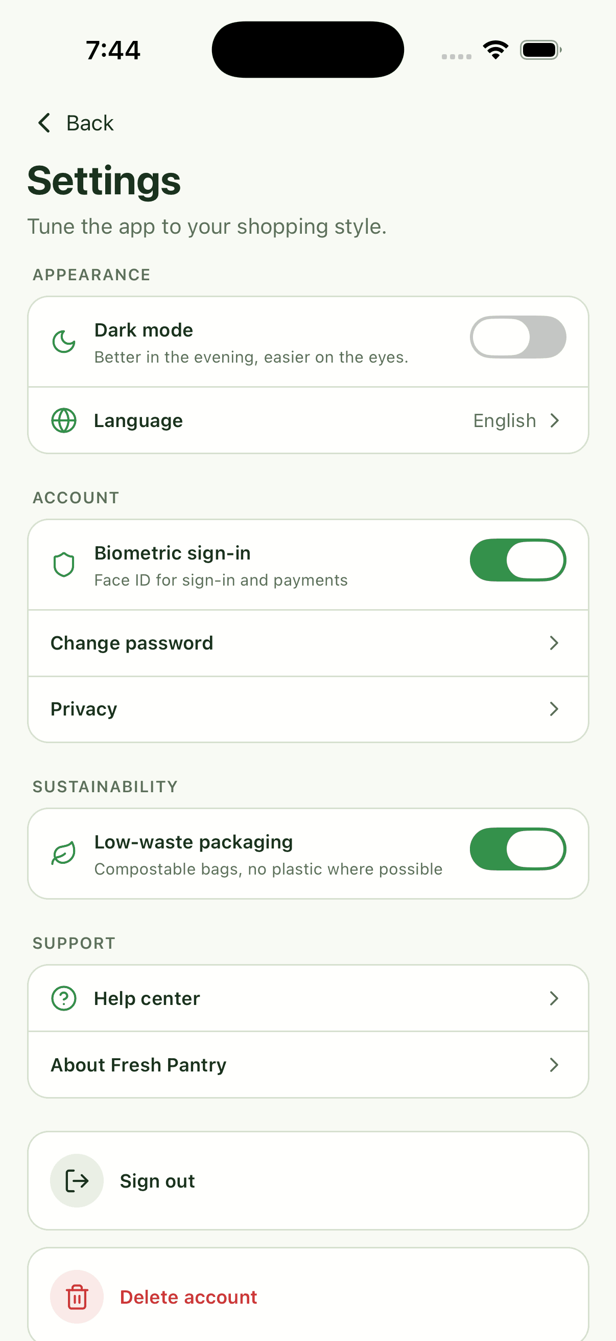 Settings — Grocery Delivery App