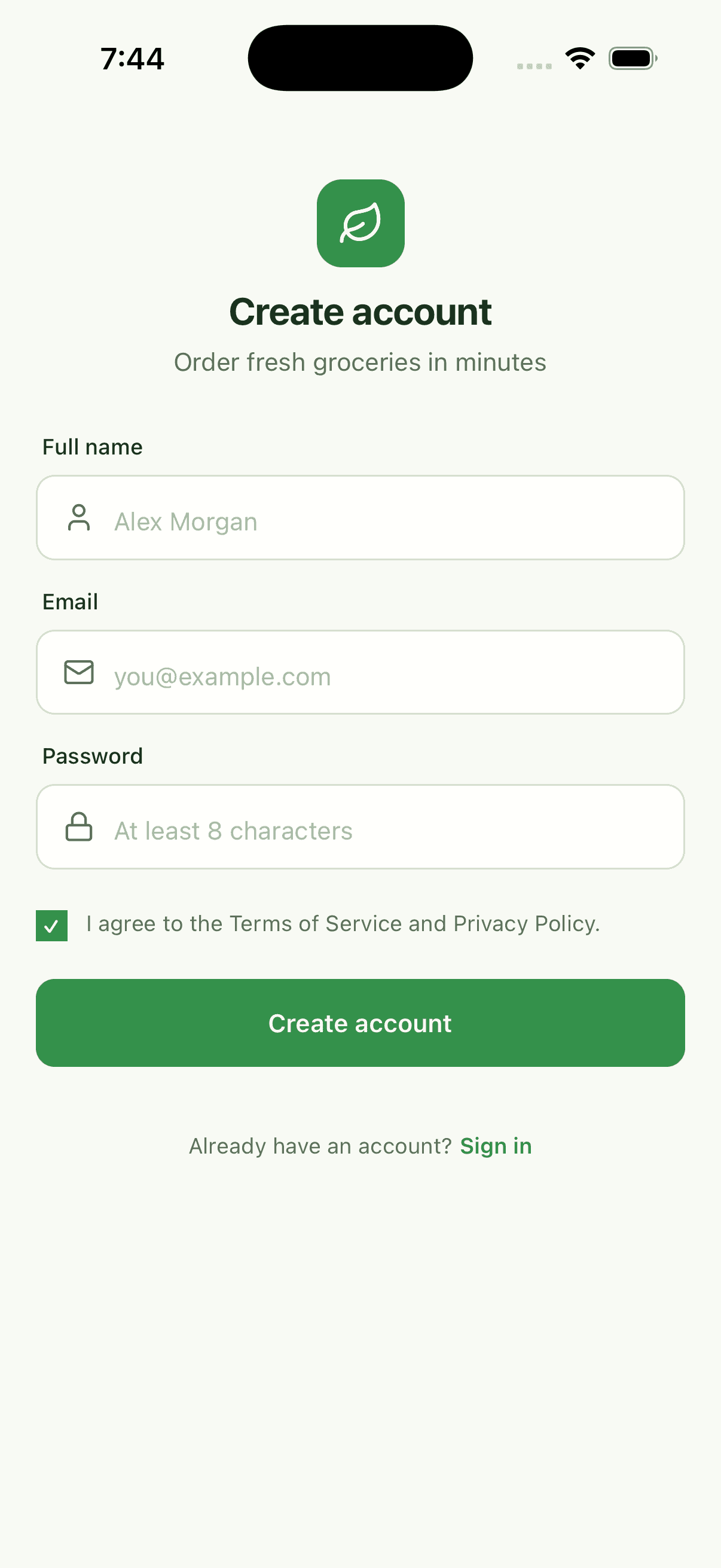 Sign Up — Grocery Delivery App