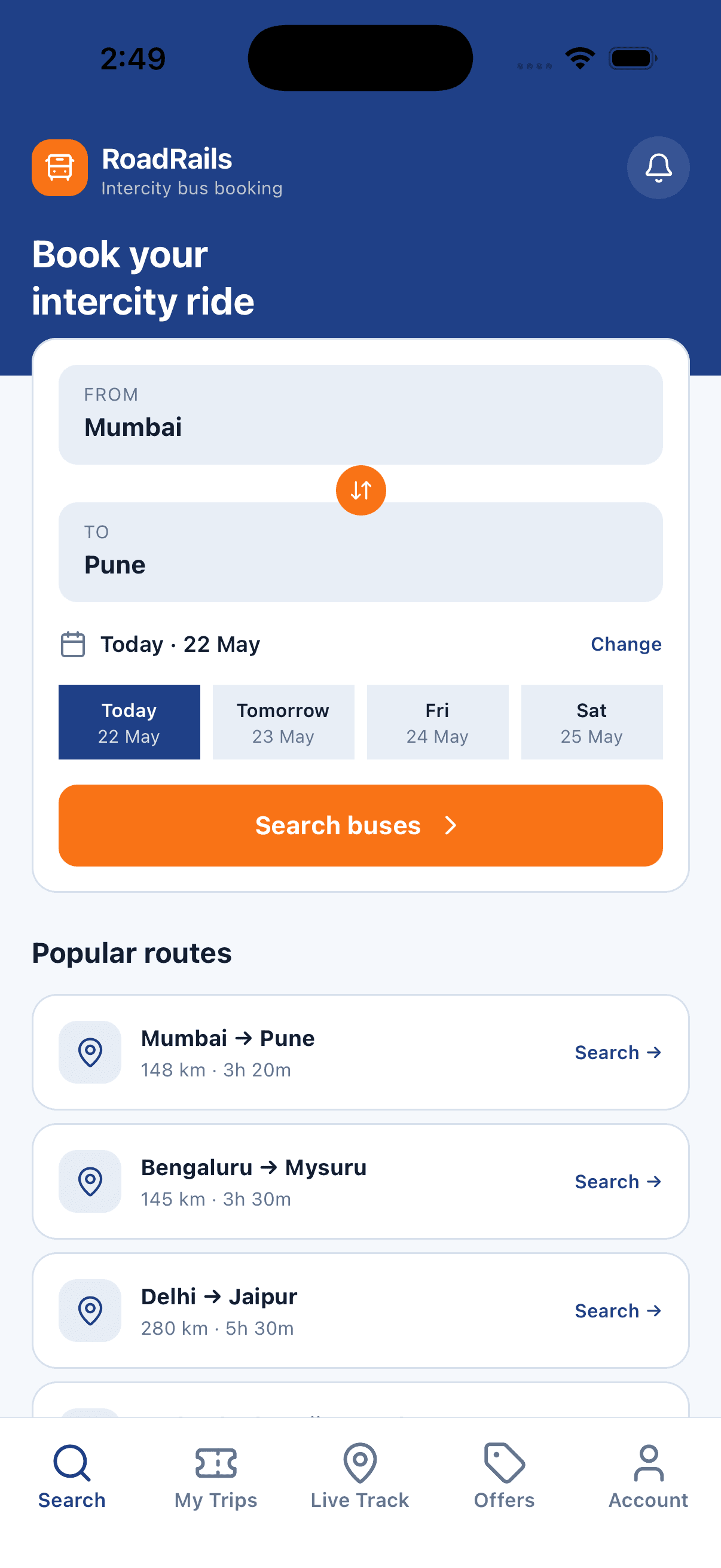 Search Home — Bus Ticket Booking App