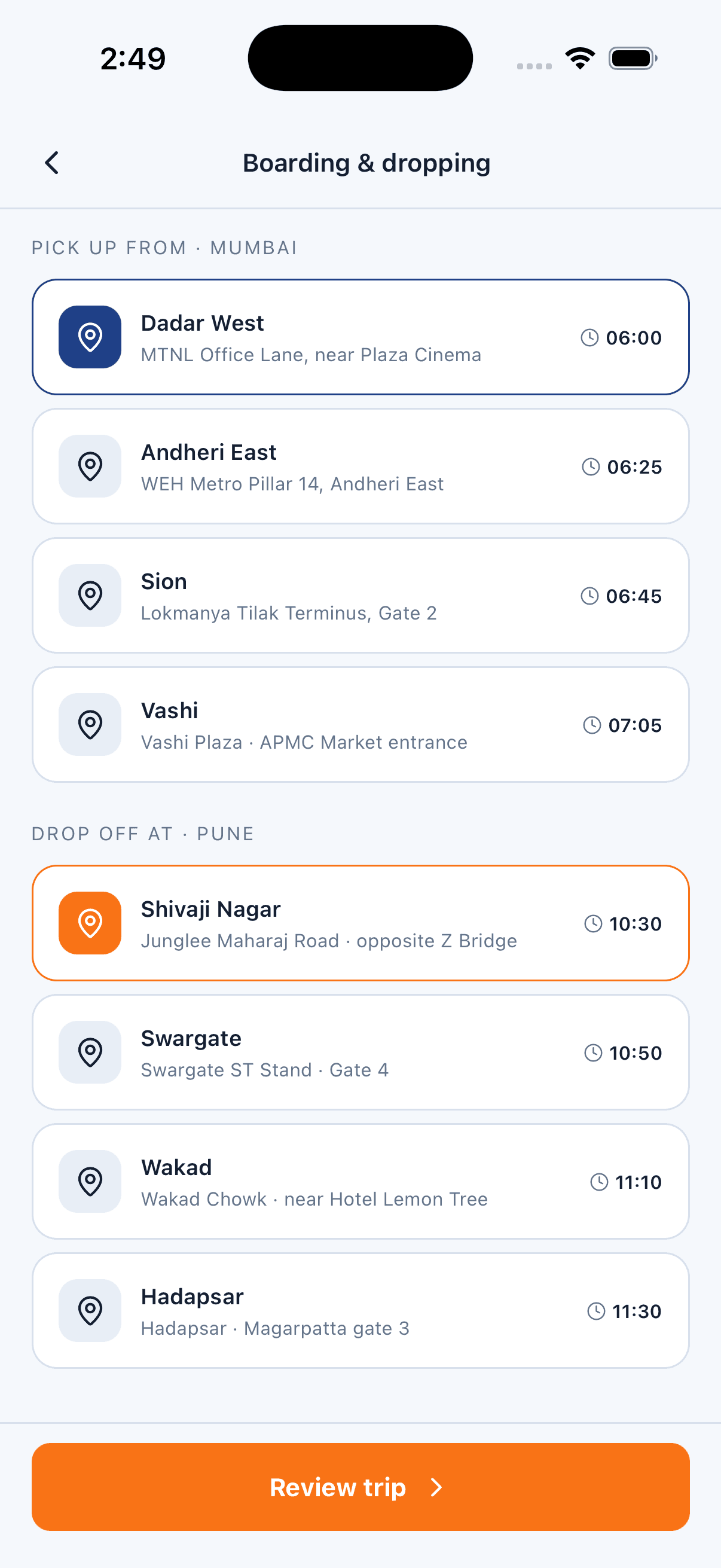 Boarding Points — Bus Ticket Booking App