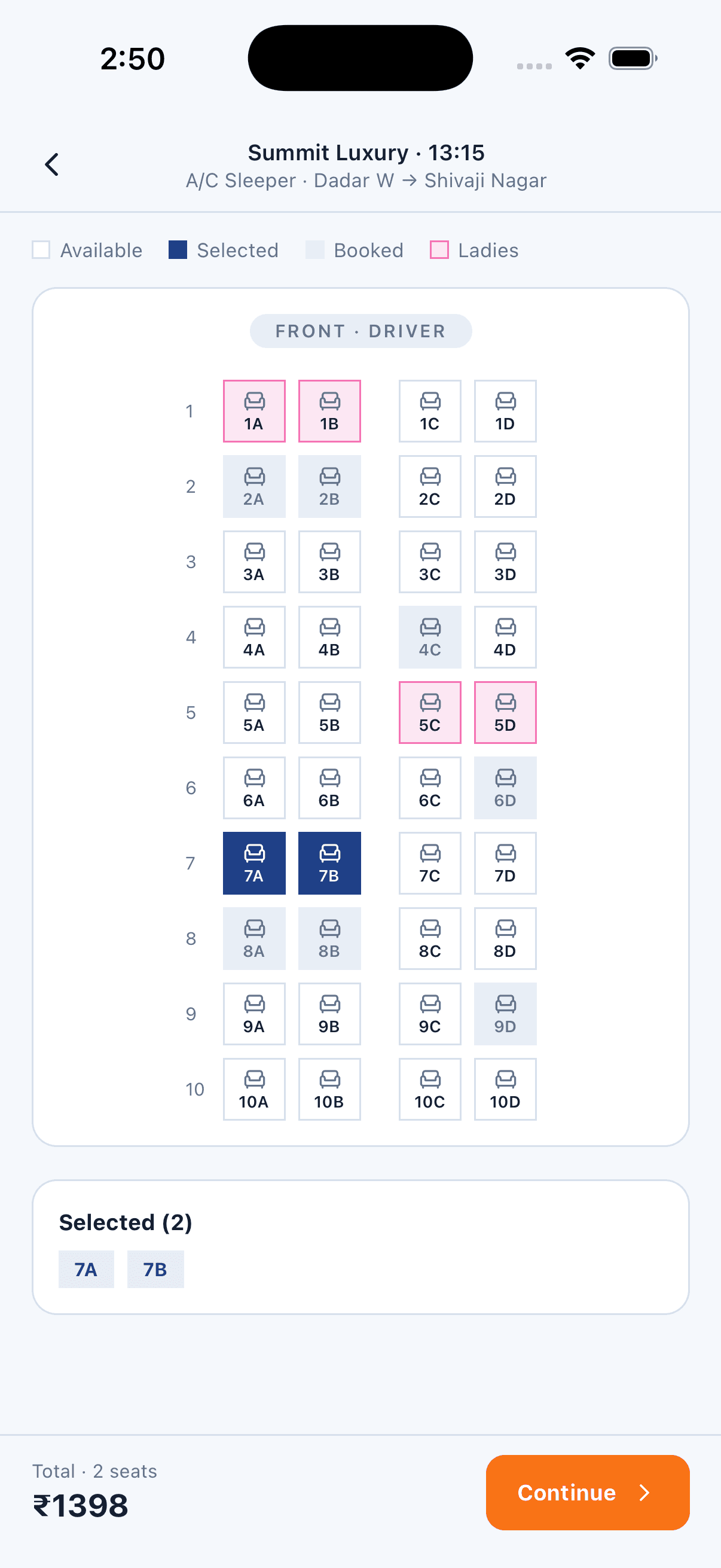 Seat Selection — Bus Ticket Booking App