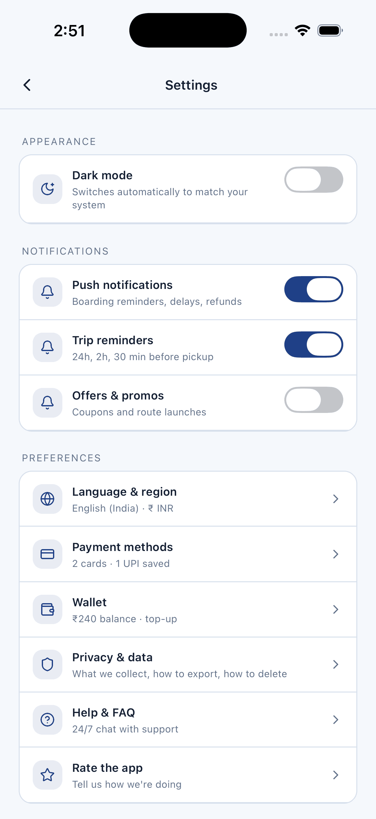 Settings — Bus Ticket Booking App