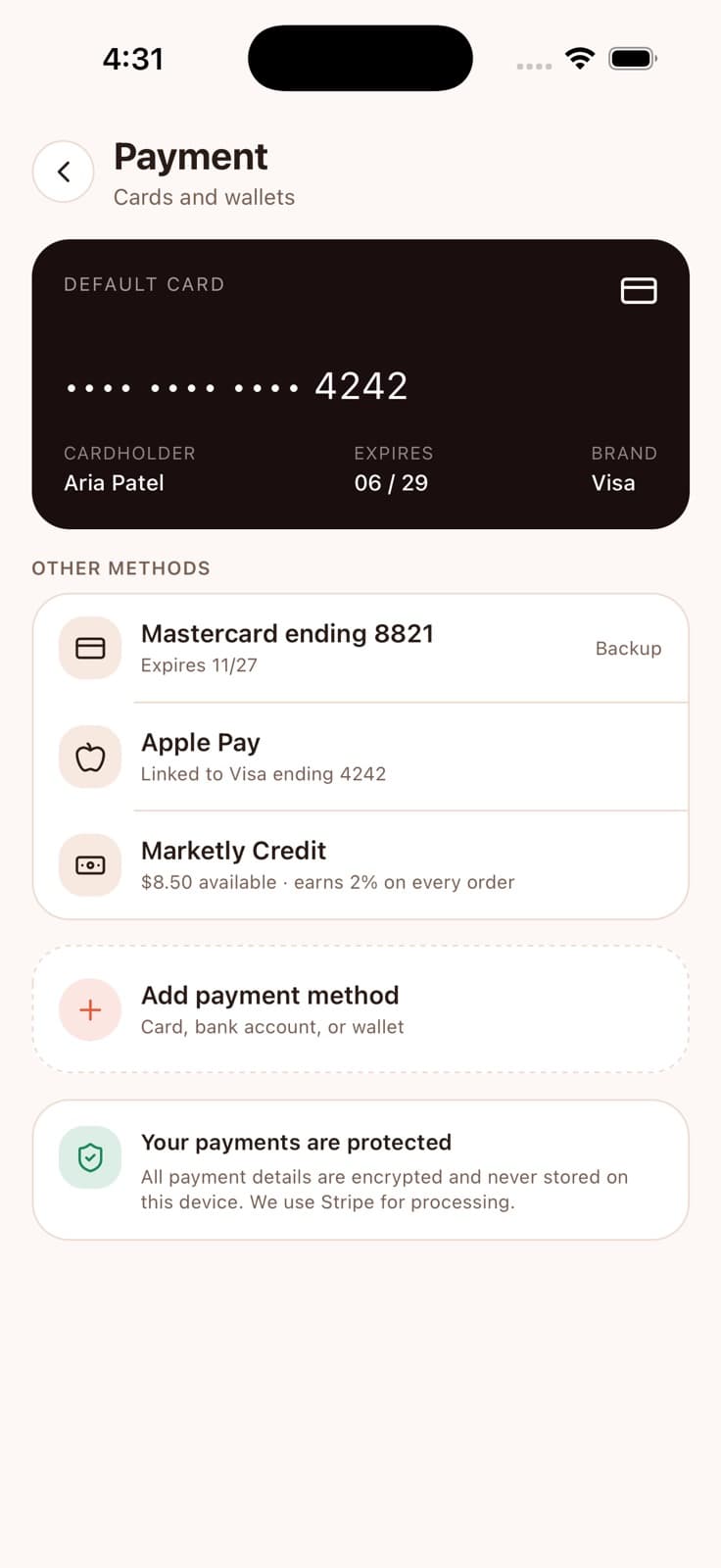Payment Methods — Marketly