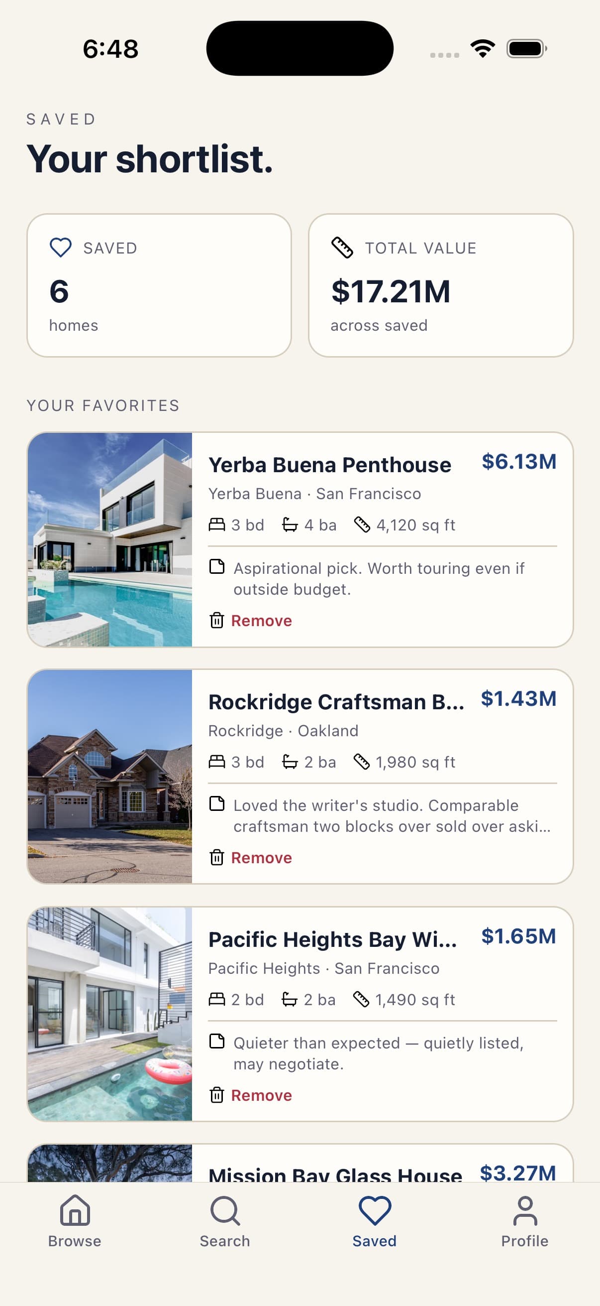 Saved Shortlist — Hearthstone — Real Estate Listings