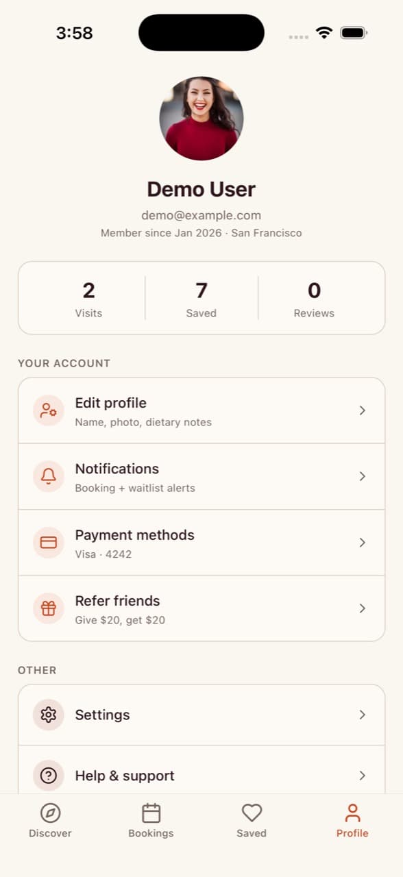 User Profile — Restaurant Reservation App