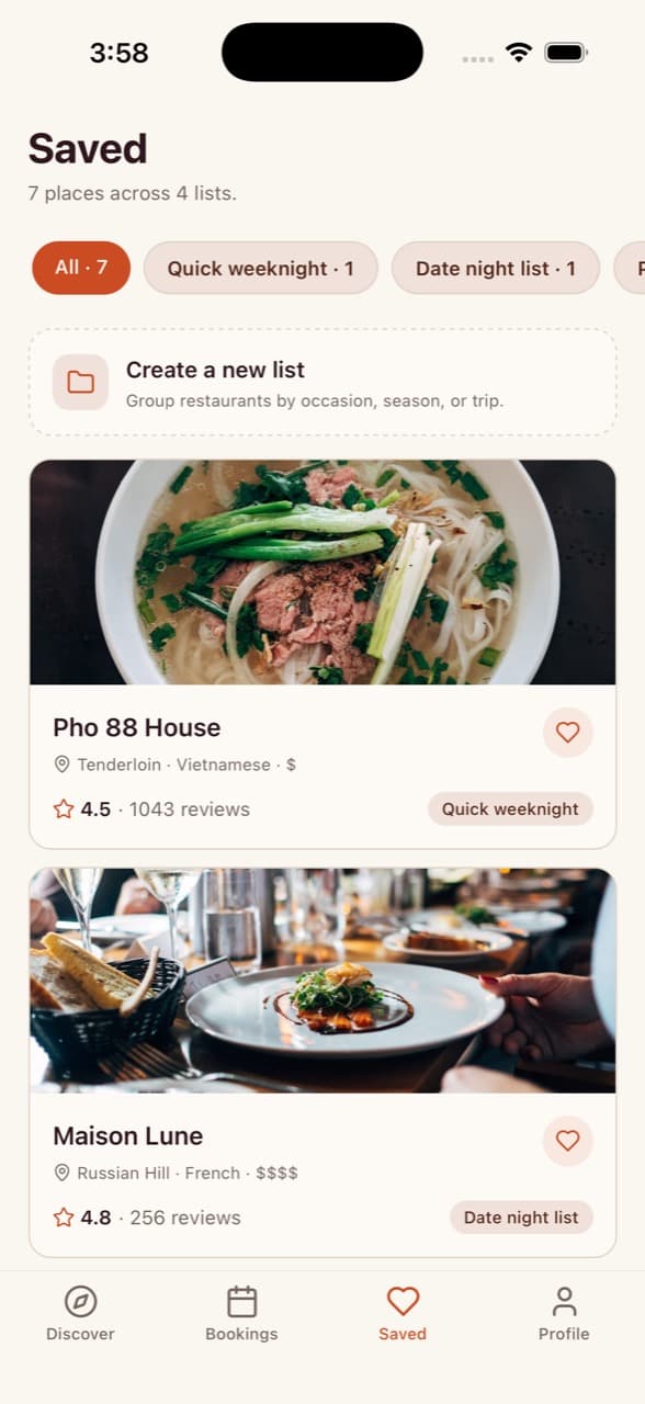 Saved Lists — Restaurant Reservation App