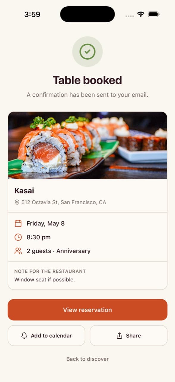 Booking Confirmation — Restaurant Reservation App