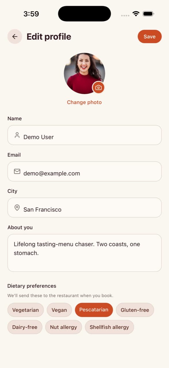 Edit Profile — Restaurant Reservation App