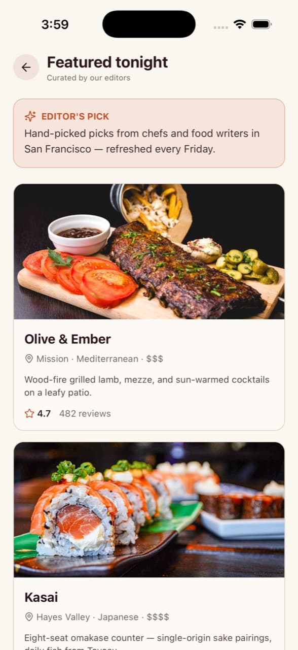 Featured Tonight — Restaurant Reservation App