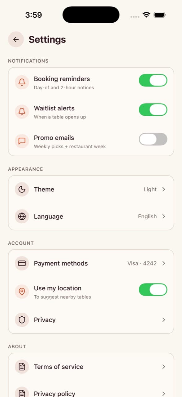 Settings — Restaurant Reservation App