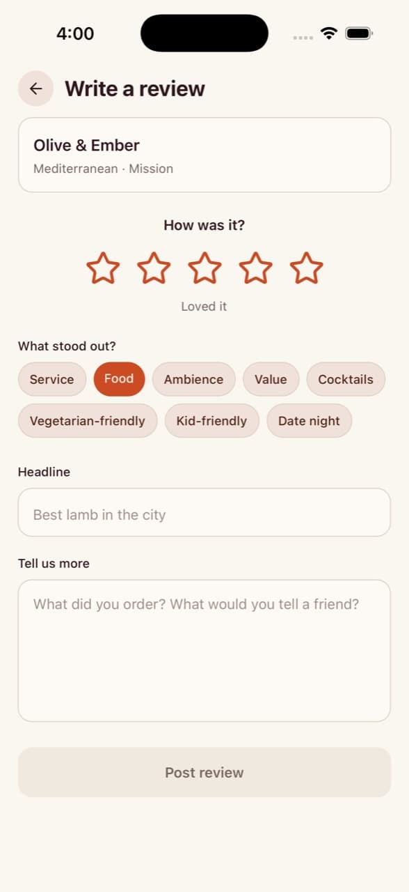 Write Review — Restaurant Reservation App