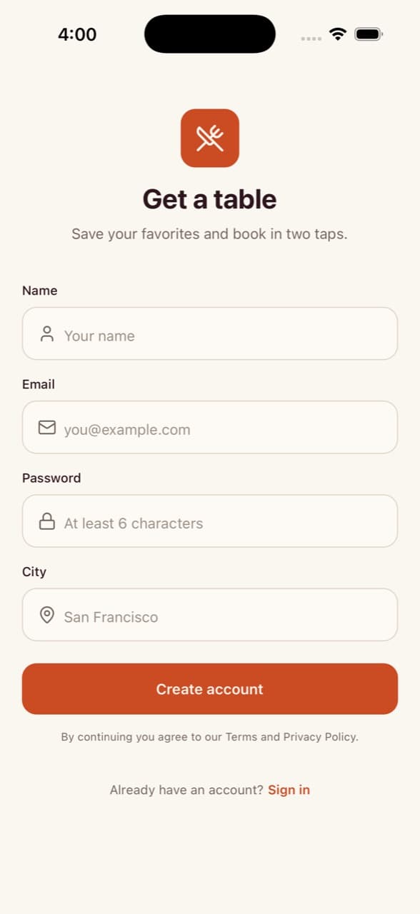 Create Account — Restaurant Reservation App