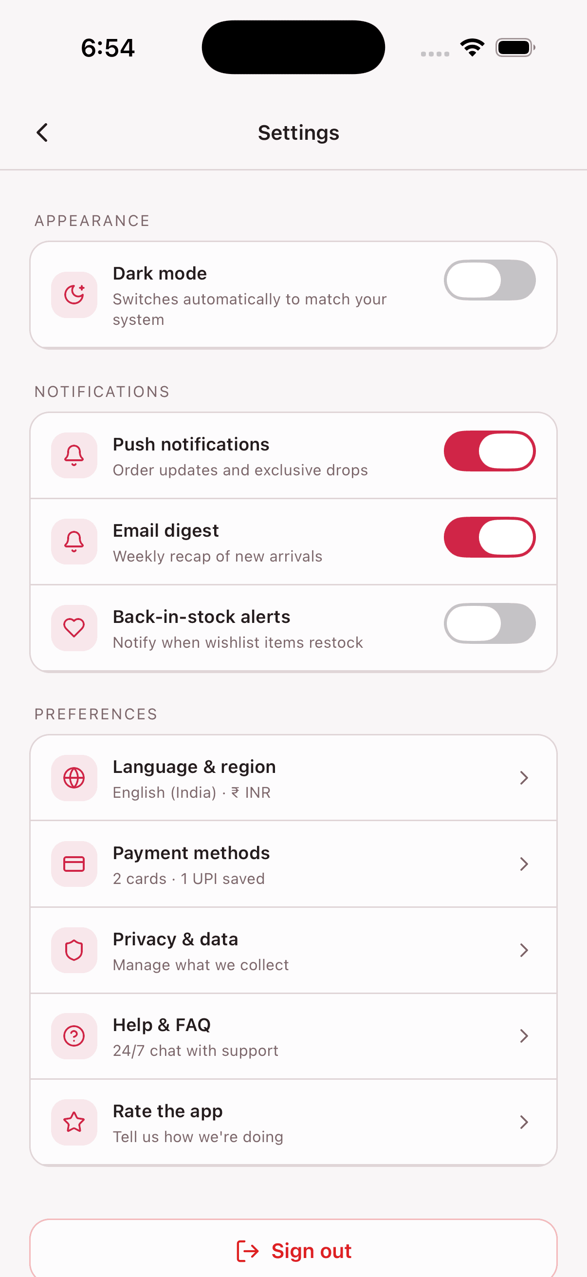 Settings — Fashion Store App