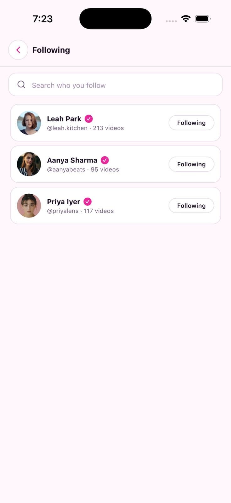 Following List — Short Video Social App