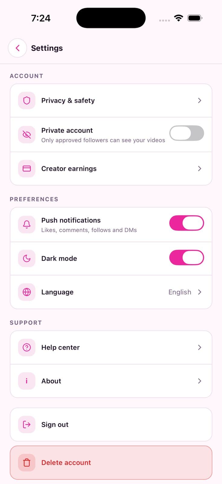 Settings — Short Video Social App