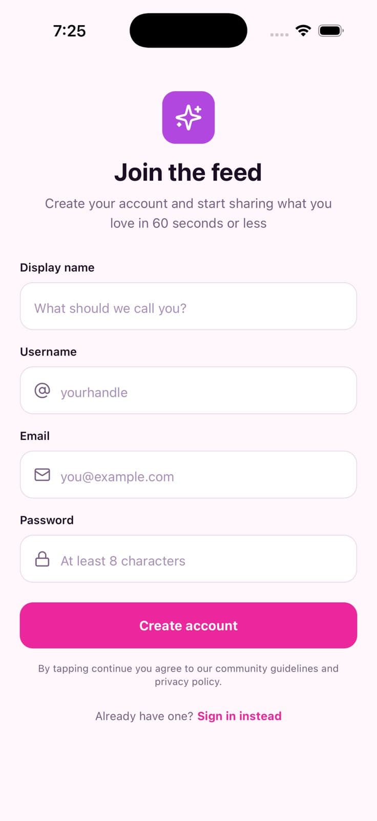 Create Account — Short Video Social App