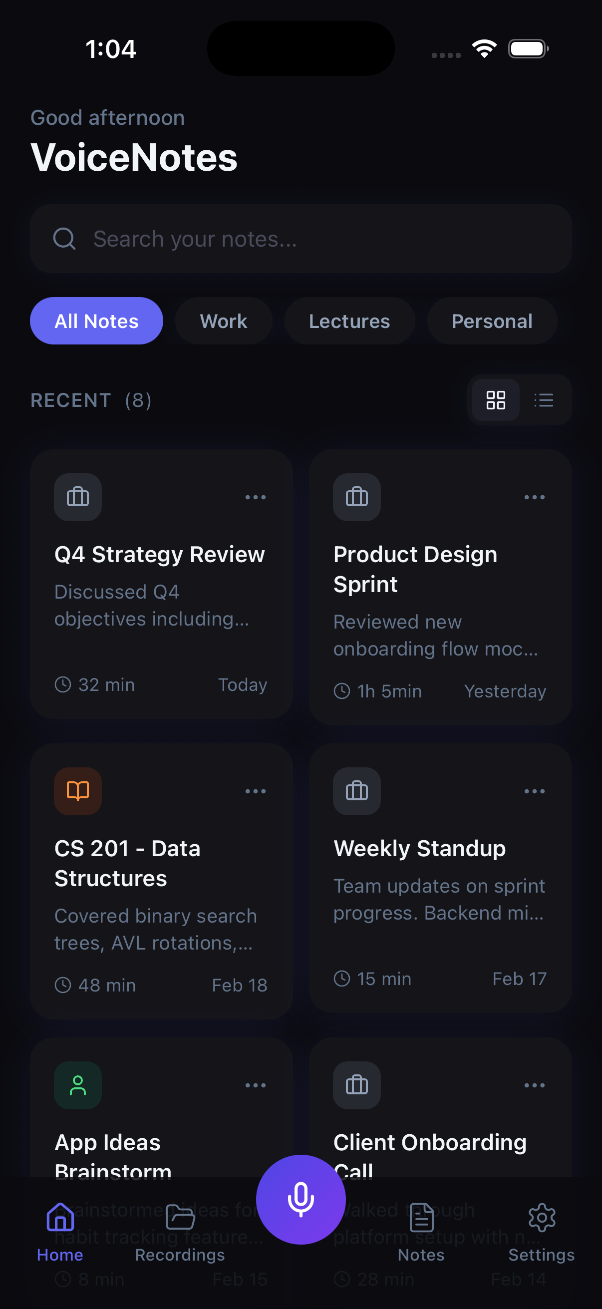 Home screenshot of AI Voice Notes