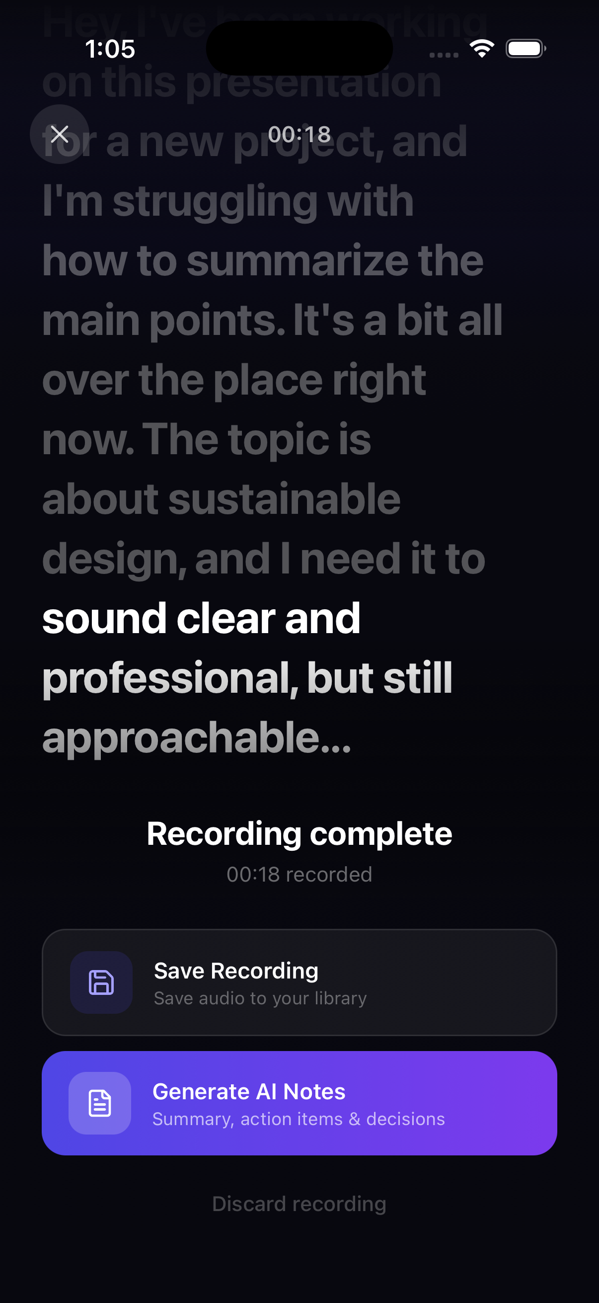 Saving Options screenshot of AI Voice Notes