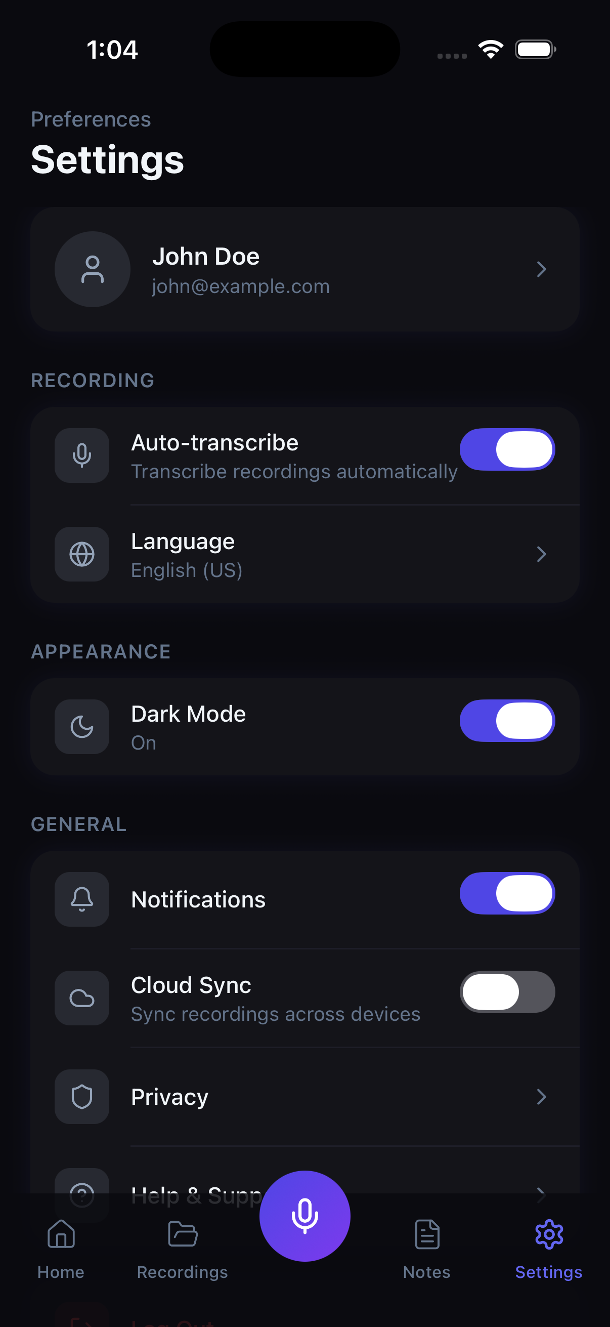 Settings screenshot of AI Voice Notes