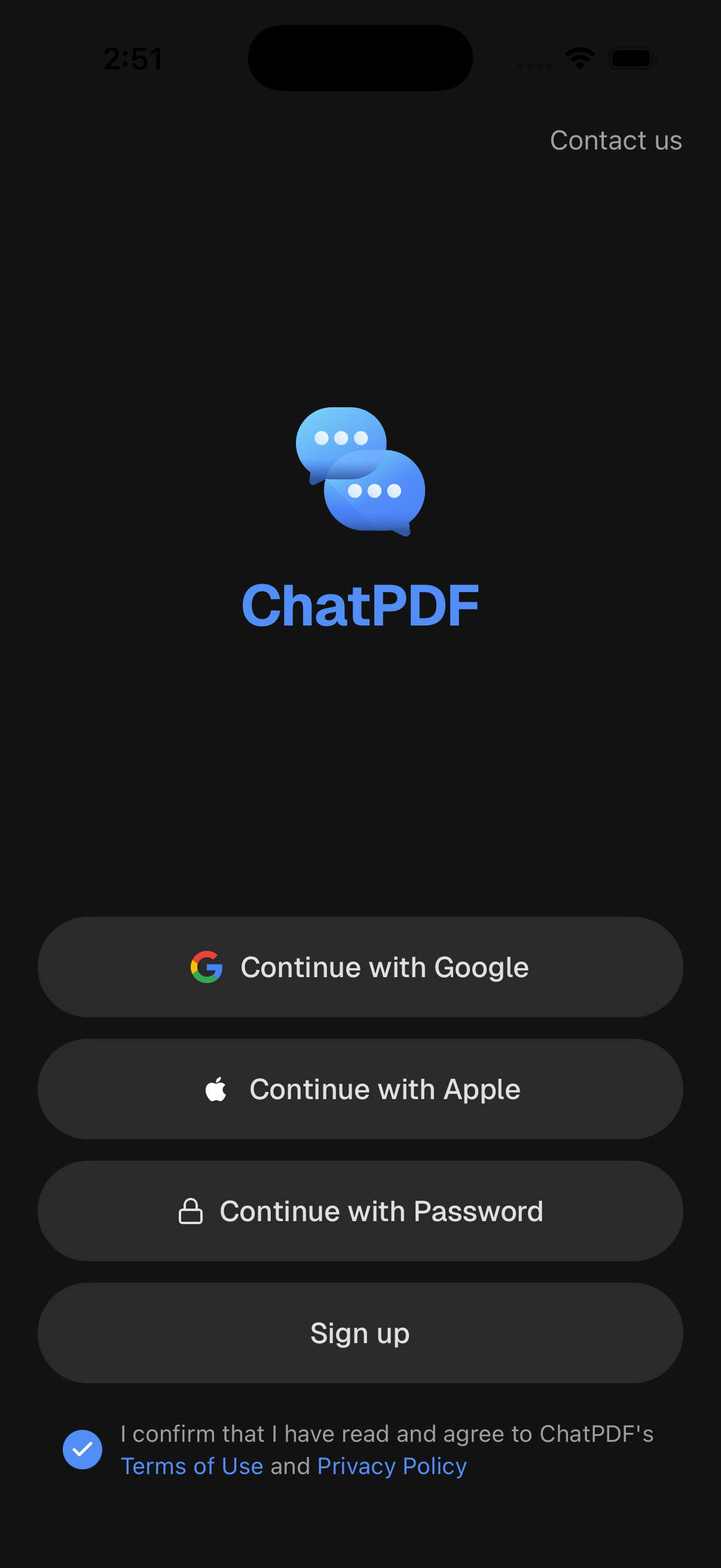 Login screenshot of Chat with PDF