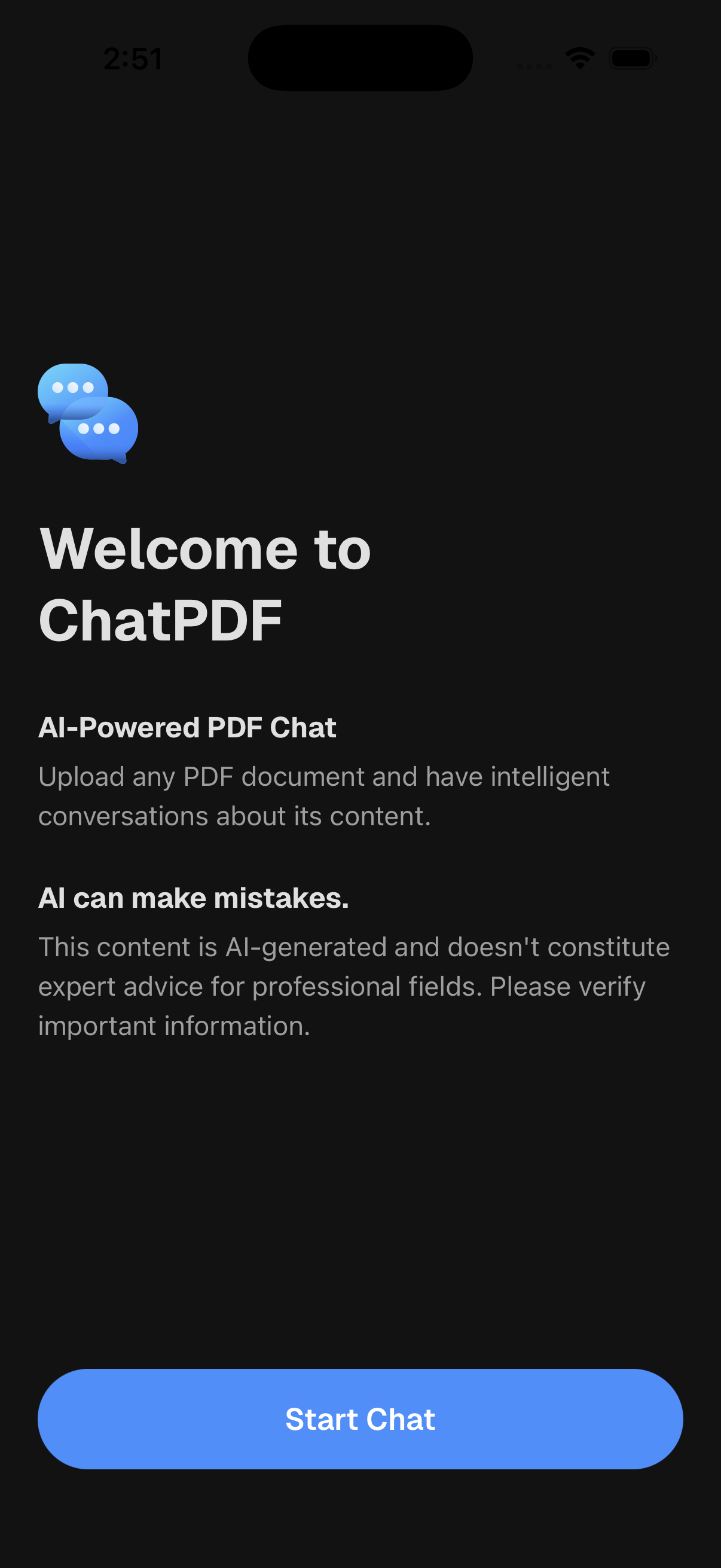 Onboarding screenshot of Chat with PDF